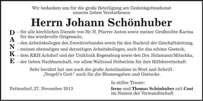 Traueranzeige Johann Schönhuber