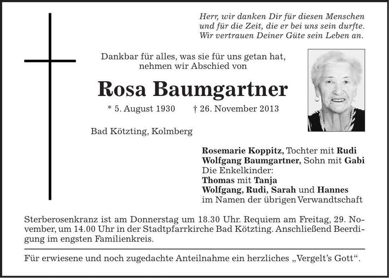 Traueranzeige Rosa Baumgartner