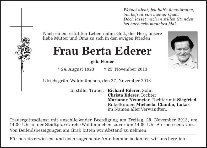 Traueranzeige Berta Ederer