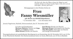 Traueranzeige Fanny Wiesmüller
