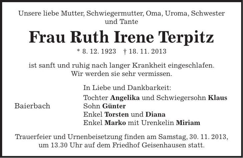 Traueranzeige Ruth Irene Terpitz