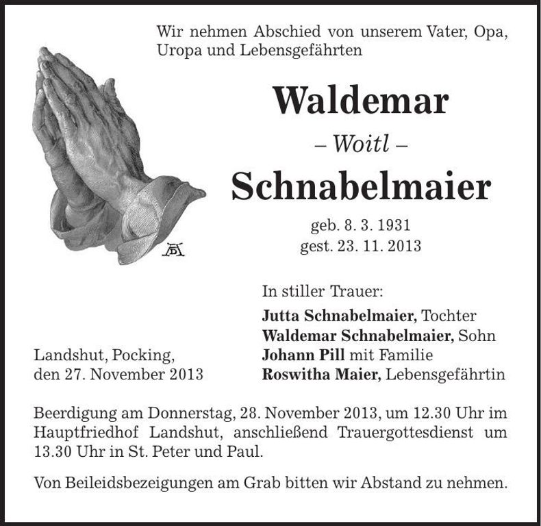 Traueranzeige Waldemar Schnabelmaier