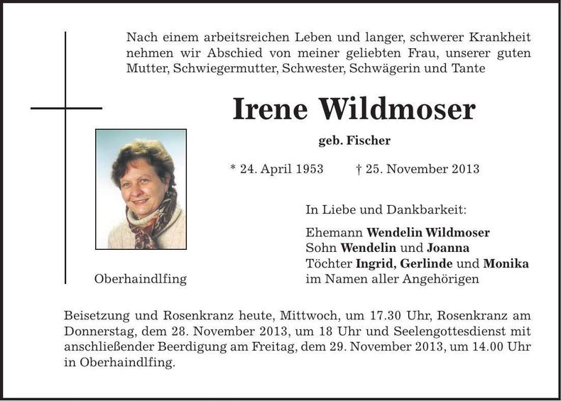 Traueranzeige Irene Wildmoser