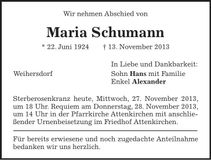 Traueranzeige Maria Schumann