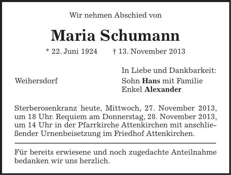 Traueranzeige Maria Schumann