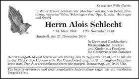 Traueranzeige Alois Schlecht