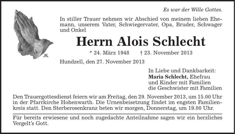 Traueranzeige Alois Schlecht