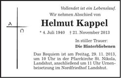 Traueranzeige Helmut Kappel