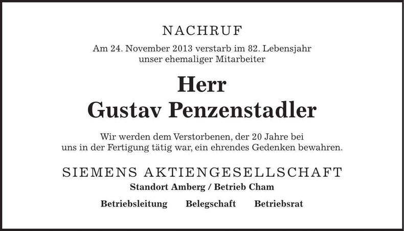 Traueranzeige Gustav Penzenstadler