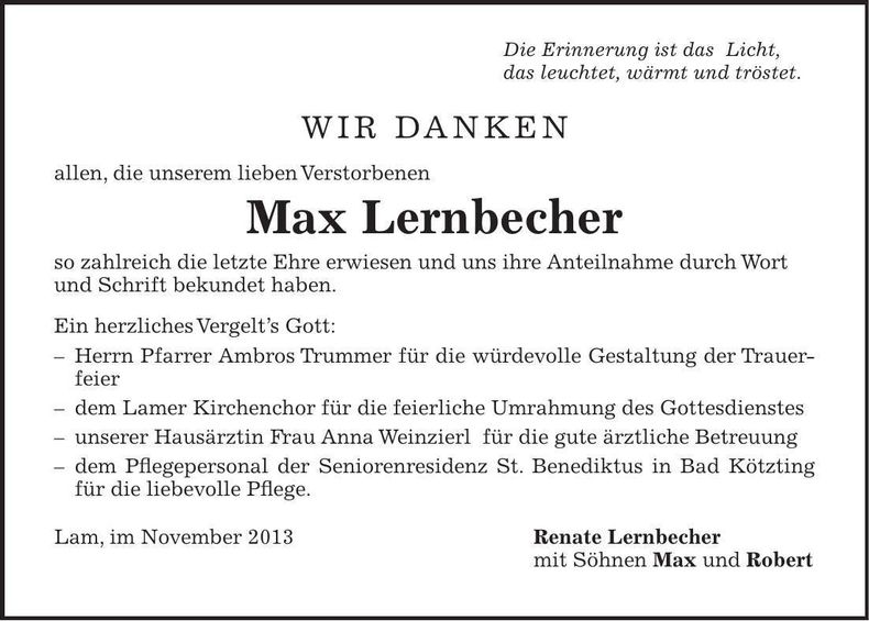 Traueranzeige Max Lernbecher