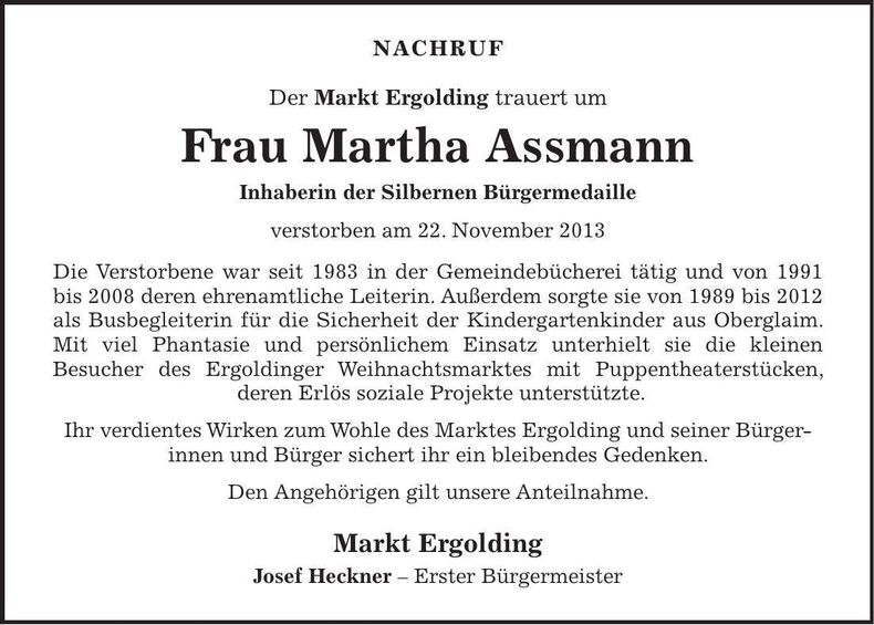 Traueranzeige Martha Assmann