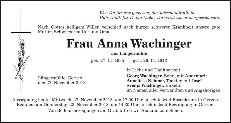 Traueranzeige Anna Wachinger