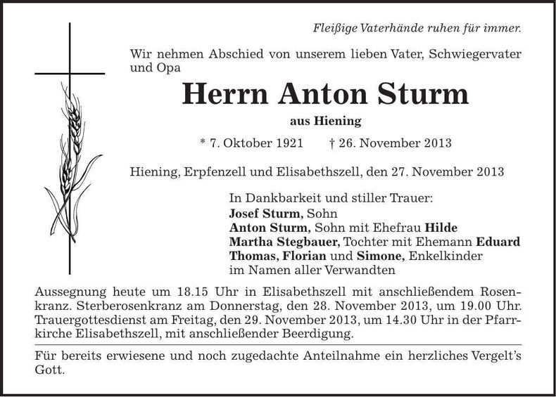 Traueranzeige Anton Sturm
