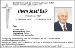Traueranzeige Josef Balk