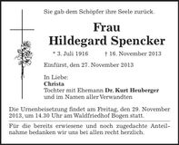 Traueranzeige Hildegard Spencker