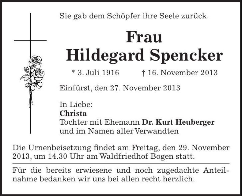 Traueranzeige Hildegard Spencker