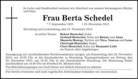 Traueranzeige Berta Schedel