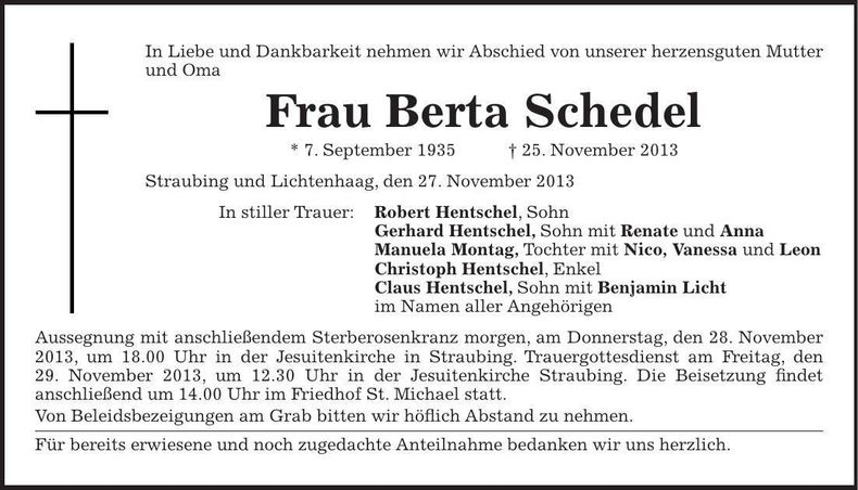 Traueranzeige Berta Schedel