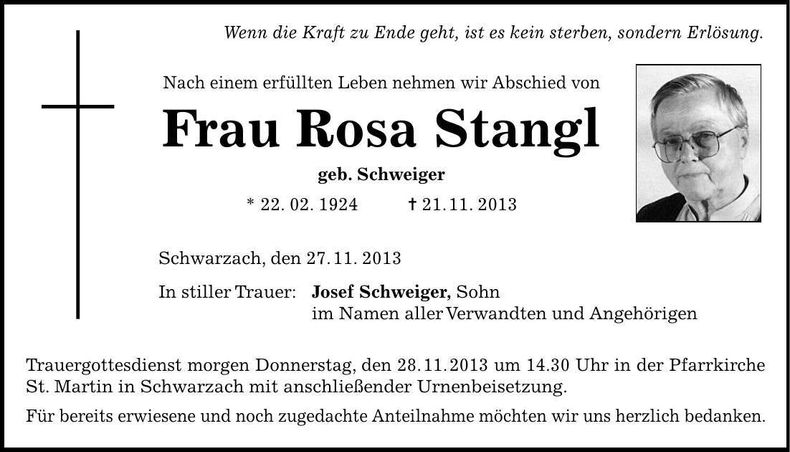 Traueranzeige Rosa Stangl