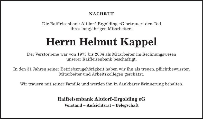 Traueranzeige Helmut Kappel