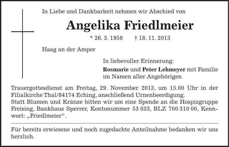 Traueranzeige Angelika Friedlmeier