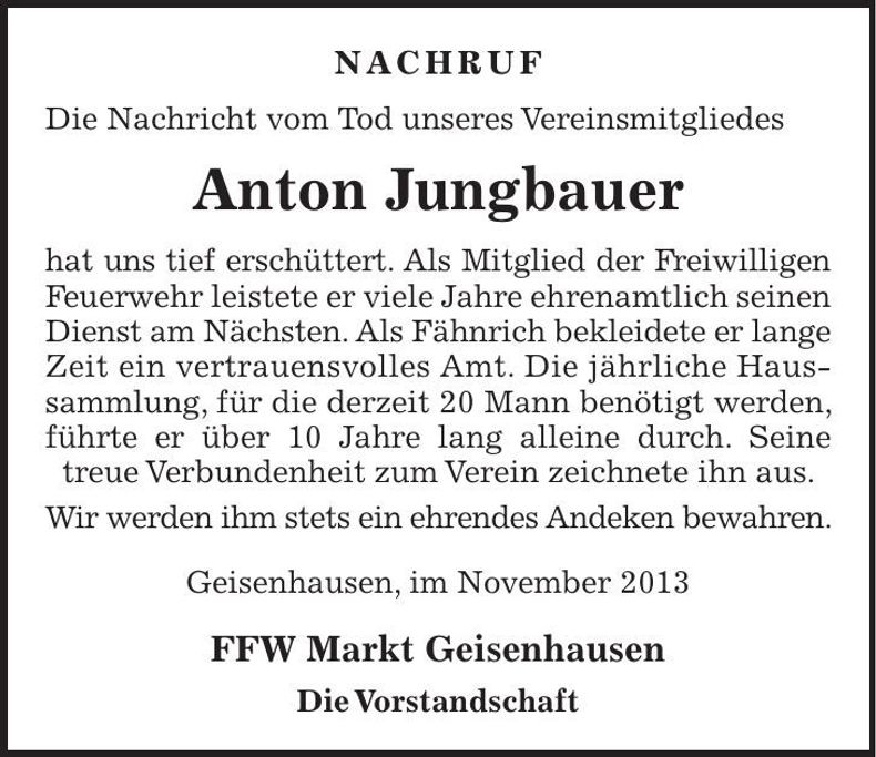 Traueranzeige Anton Jungbauer