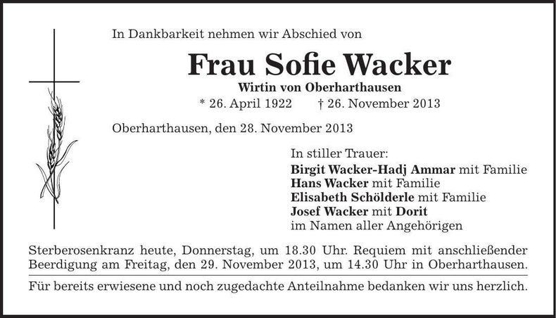 Traueranzeige Sofie Wacker