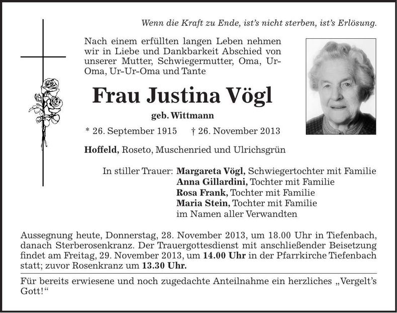Traueranzeige Justina Vögl