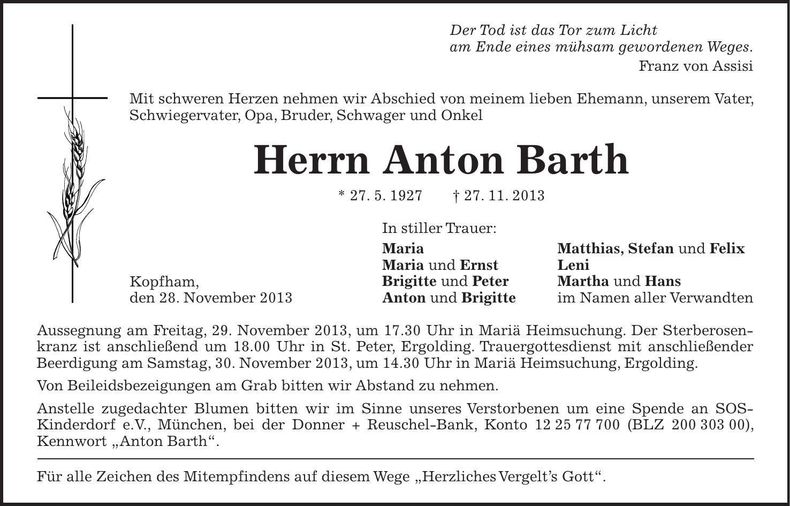 Traueranzeige Anton Barth