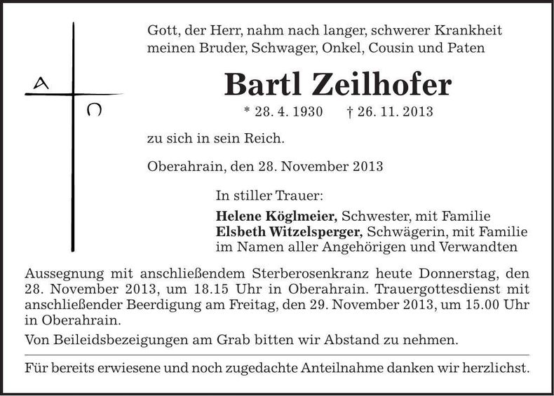 Traueranzeige Bartl Zeilhofer