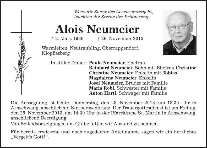 Traueranzeige Alois Neumeier
