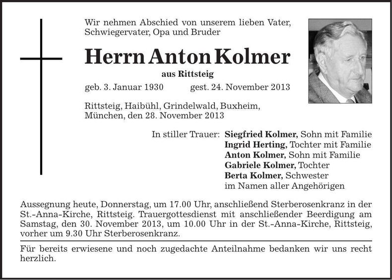 Traueranzeige Anton Kolmer