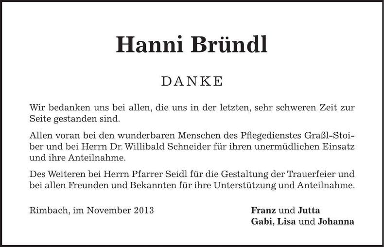 Traueranzeige Hanni Bründl