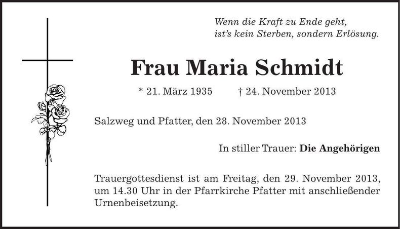 Traueranzeige Maria Schmidt