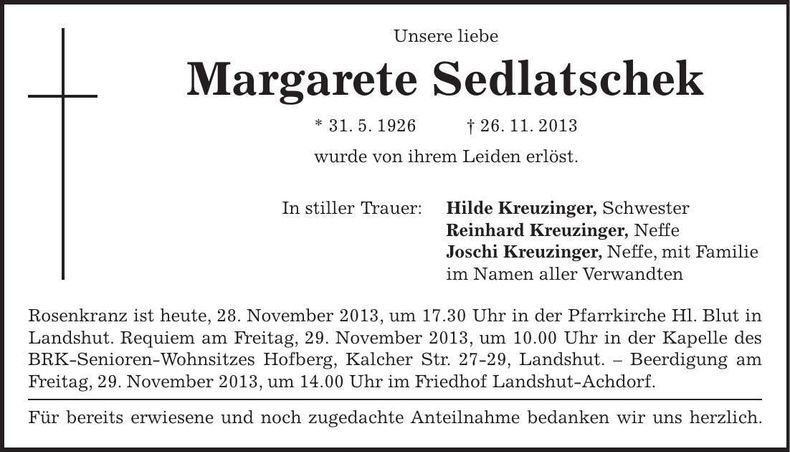 Traueranzeige Margarete Sedlatschek