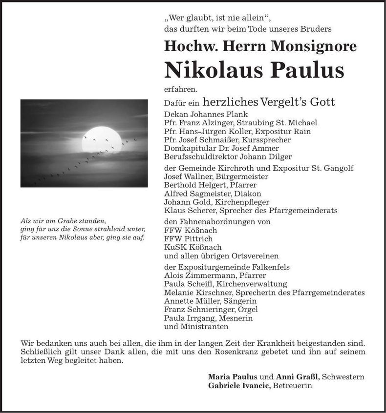 Traueranzeige Nikolaus Paulus