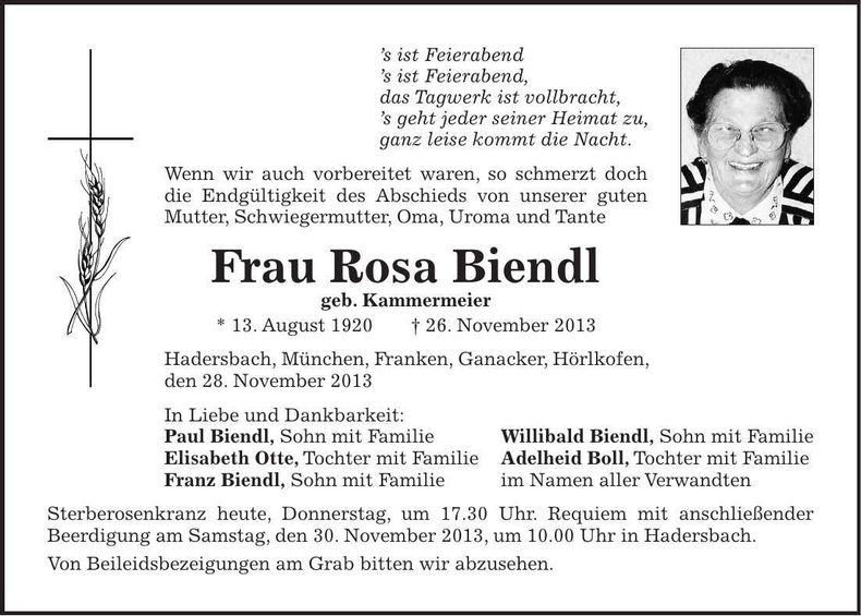 Traueranzeige Rosa Biendl