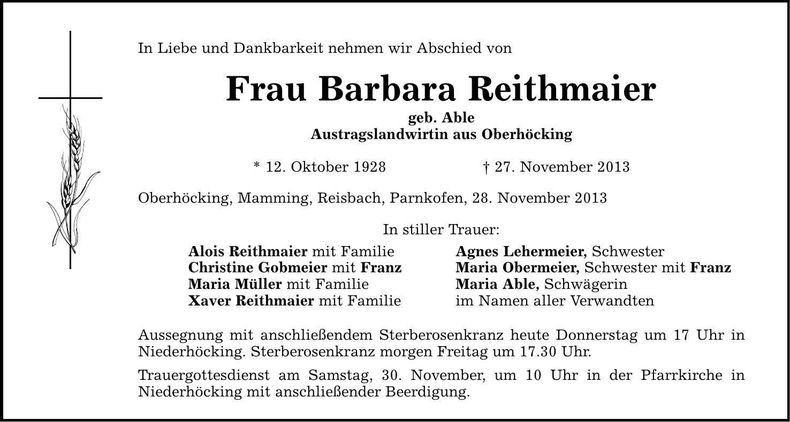 Traueranzeige Barbara Reithmaier