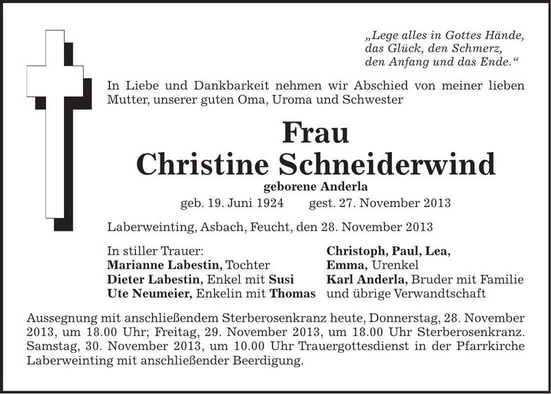 Traueranzeige Christine Schneiderwind
