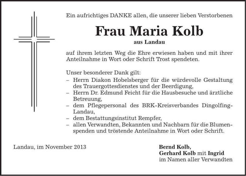 Traueranzeige Maria Kolb