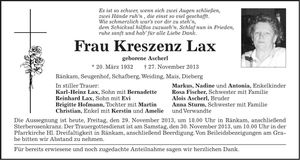 Traueranzeige Kreszenz Lax