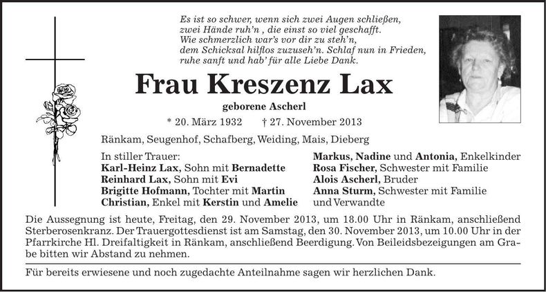 Traueranzeige Kreszenz Lax