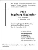 Traueranzeige Ingeburg Höglmeier