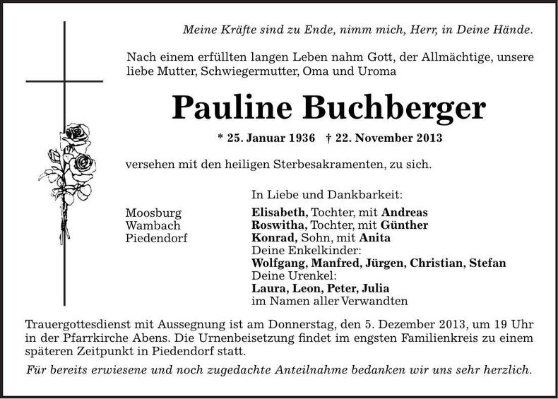 Traueranzeige Pauline Buchberger