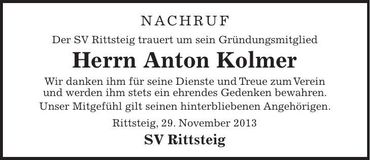 Traueranzeige Anton Kolmer