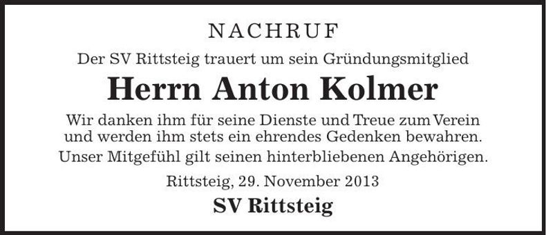 Traueranzeige Anton Kolmer