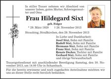 Traueranzeige Hildegard Sixt