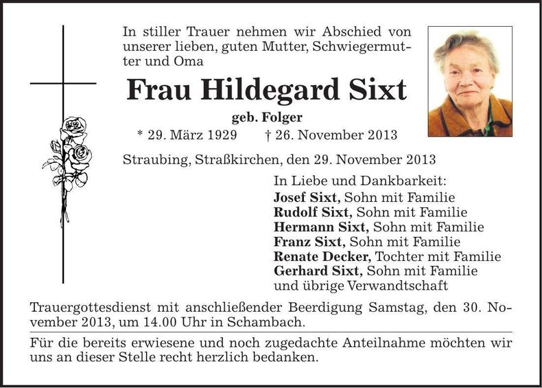Traueranzeige Hildegard Sixt