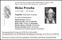Traueranzeige Heinz Prescha
