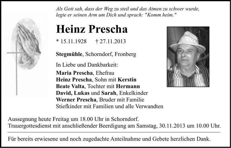 Traueranzeige Heinz Prescha